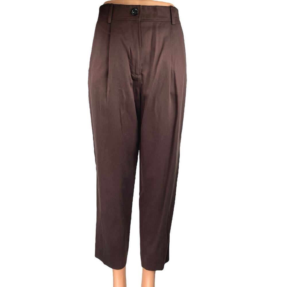 The Reset Brown Pleated Straight Wide Leg High Rise Crop Trousers Dress Pants S